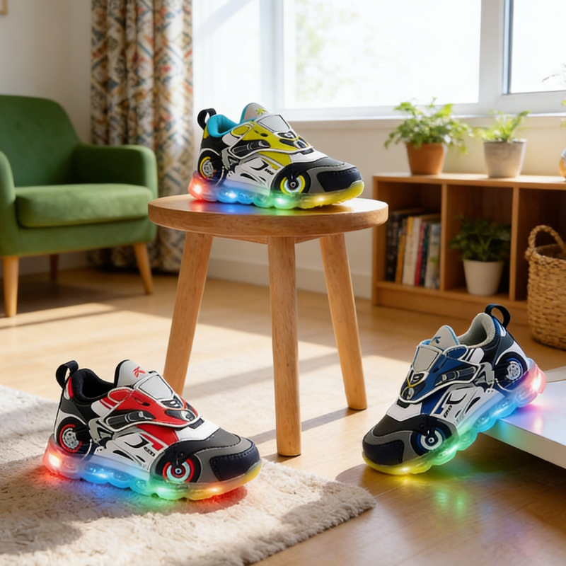 RECORD SUPER KIDS19 FASHIONABLE SEPATU LAMPU LED ANAK LAKI PAUD 1-7THN  VELKRO MOTO BIKE  SIZE 26-31